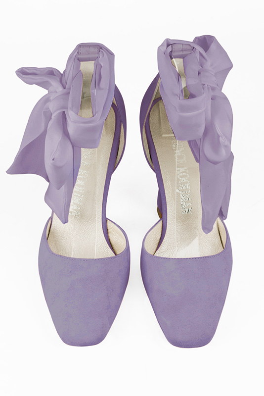 Lilac purple women's open side shoes, with a scarf around the ankle. Square toe. Very high spool heels. Top view - Florence KOOIJMAN